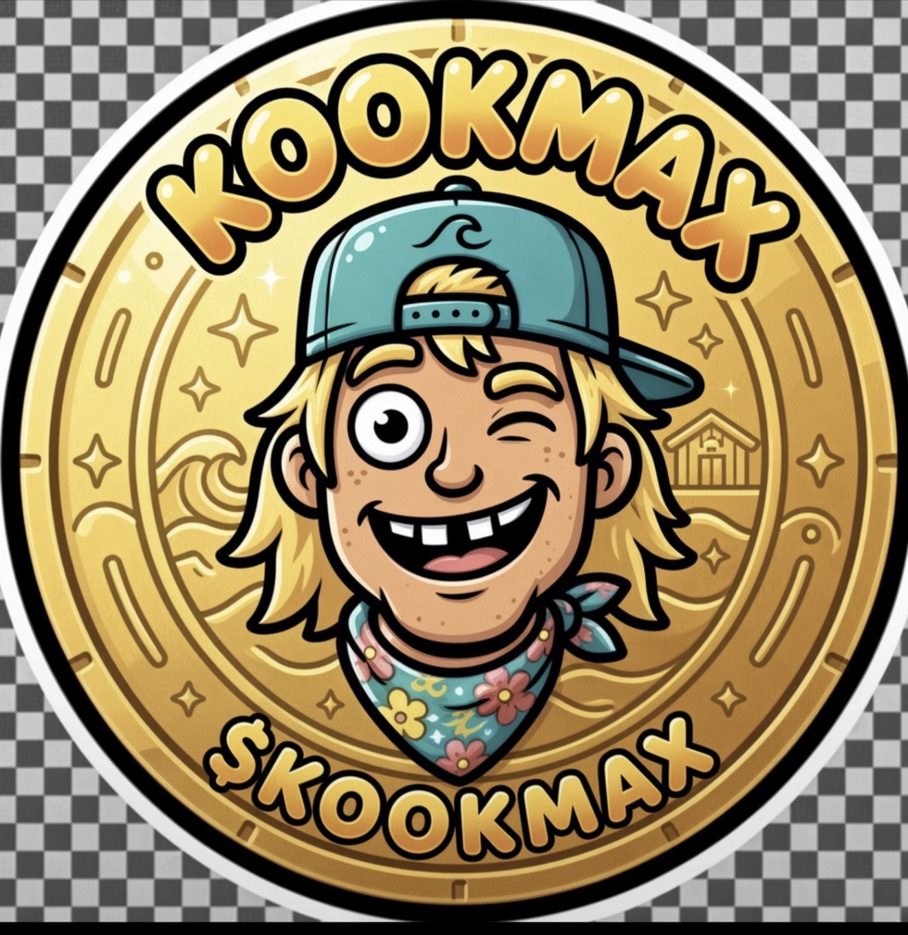 $KOOKMAX gold coin logo featuring the winking Kook surfer mascot