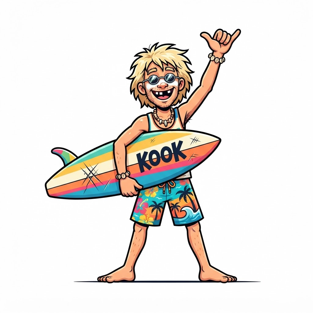 Kook the surfer mascot holding a surfboard
